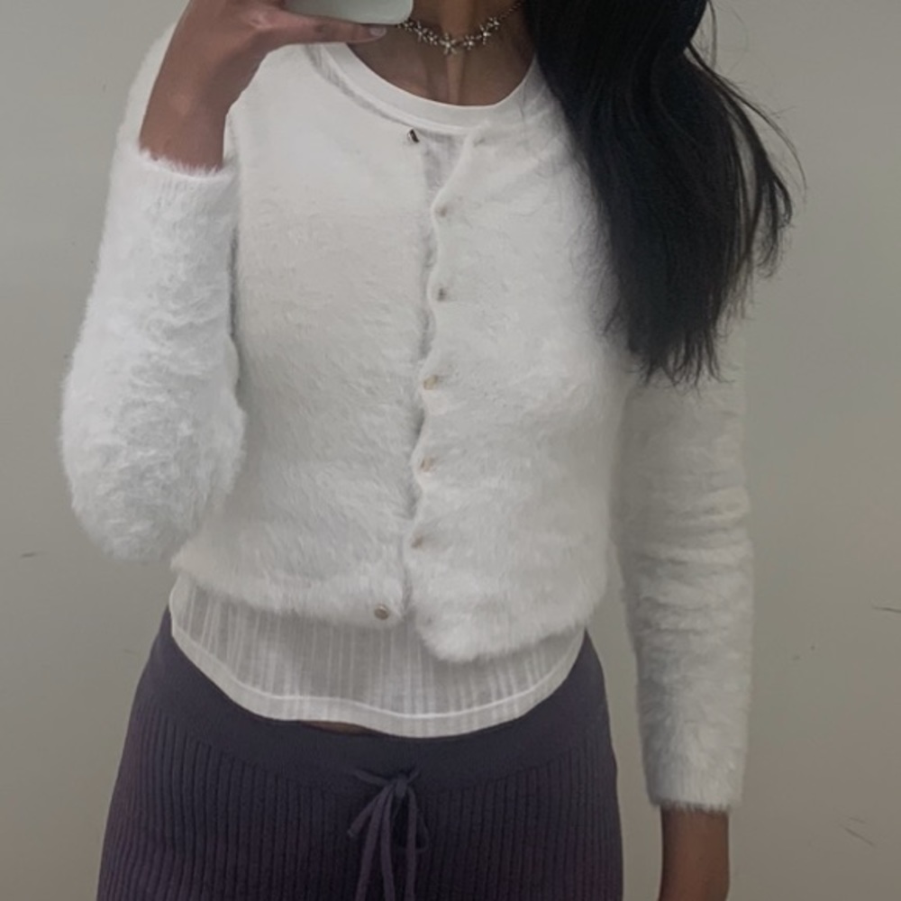 White Button Up Fuzzy Sweater